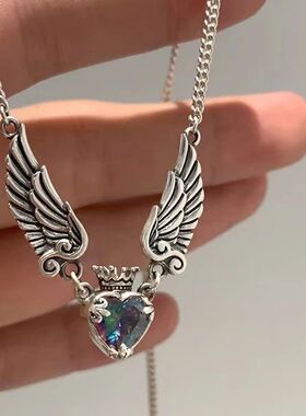 Vinage Gohic Hear Crown Angel Wings Pendan Necklace Women's