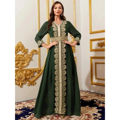 Spring V Neck Party Dress for Women   Appliques Lace-up Moro