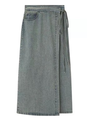 Retro Washed Blue Denim Skirts For Women High Waist Lace Up