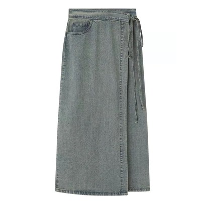 Retro Washed Blue Denim Skirts For Women High Waist Lace Up
