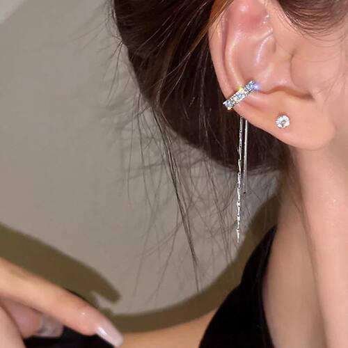 Silver Color Zircon Shining C Shape Long Tassel Ear Cuff No