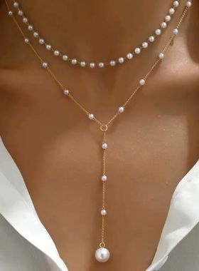 2025 New Korean Imitation Pearl Double Layered Choker Big Ba