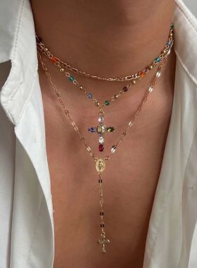 3Pcs/Se Hiphop Colored Zircon Cross Pendan Necklace for Wome