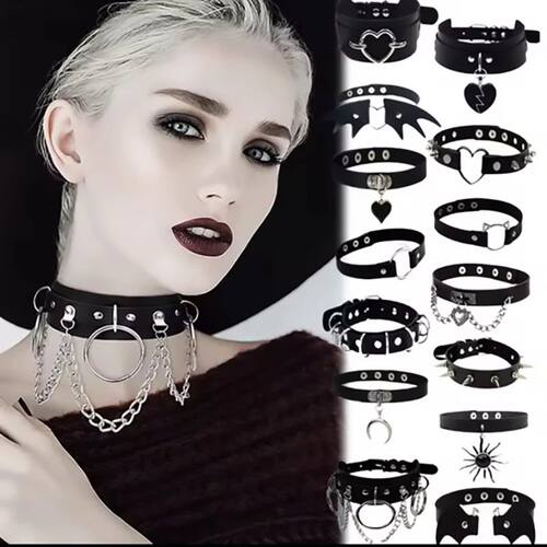 Black PU Leather Punk Choker Collar Necklace with Rivets Got