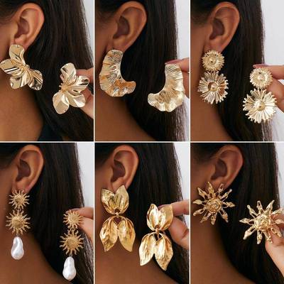 Metal sun flower tassel exaggerated retro earrings