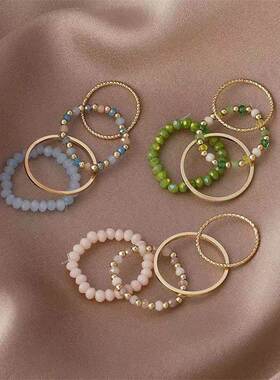 4pcs/set Acrylic Colorful Beaded Rings Set for Women Elegant