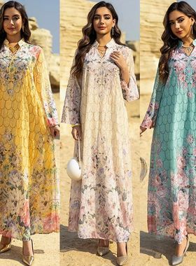 Women Prined Long Dress Middle Easern Maxi Loose Dress Women
