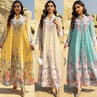 Women Prined Long Dress Middle Easern Maxi Loose Dress Women