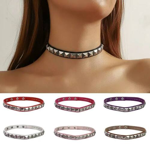Punk Studded Choker Necklace PU Leather Spiked Band Sexy Col