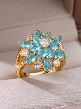 Blue Zircon Flower Ring For Women Stainless Steel Gold Plate