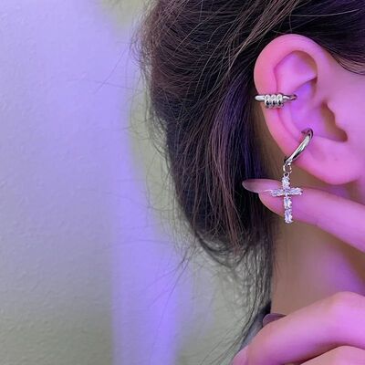 Punk Zircon Cross Clip Earrings for Men and Women Thorns No