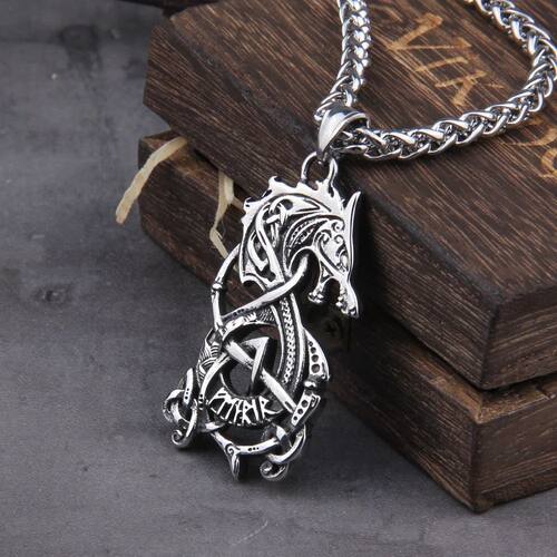 Stainless Steel Viking Dragon with Viking Rune and with wood