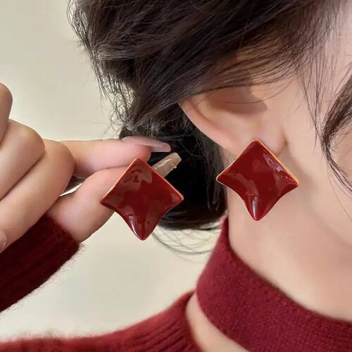 Irregular Wine Red Drop Oil Square Stud Earrings for Women F