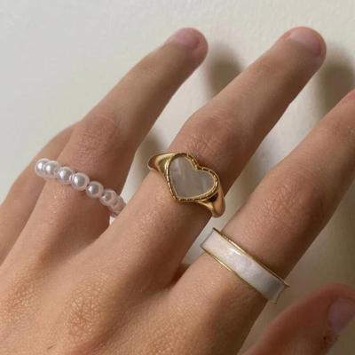 3Pcs/set Enamel Heart Rings Korean Fashion Pearl Ring For Wo