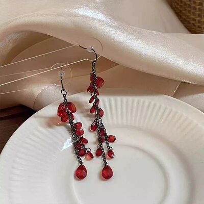 Red Crystal Long Tassel Pendant Earrings for Women Fashionab