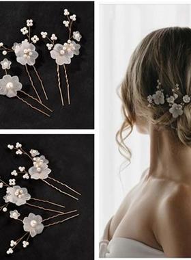 3pcs White Flower U Shaped Hairpin Pearl Elegant Hair Clips