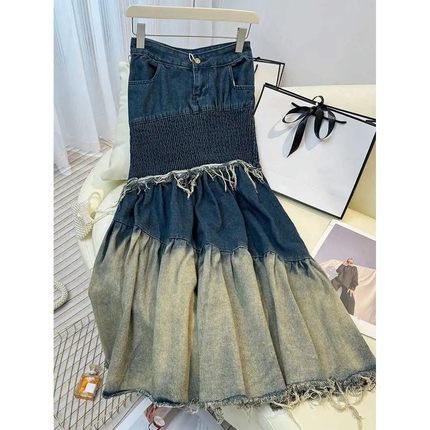 Vintage Patchwork Design Women's Denim Skirt Spring Autumn H