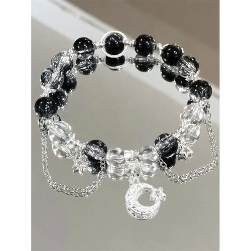 Black And Clear Bead Charm Bracelet With Moon Star Pendant F