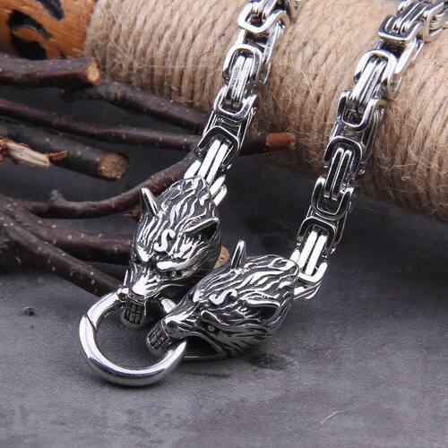 Stainless Steel Viking Wolf Head Square-link Chain with Roun