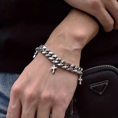 Stainless Steel Cross Pendant Bracelet for Men Women Cuban C