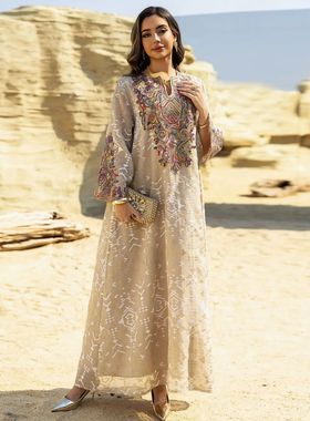 Jalabiya Fashion Mesh Embroidery Pachwork Long Robe Middle E