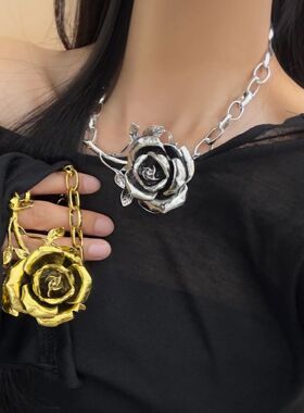 Exaggeraed Meal Big Rose Flower Necklace for Women Men Hipho