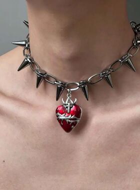 Punk Gohic Thorn Red Hear Pendan Necklace for Men Women Y2K