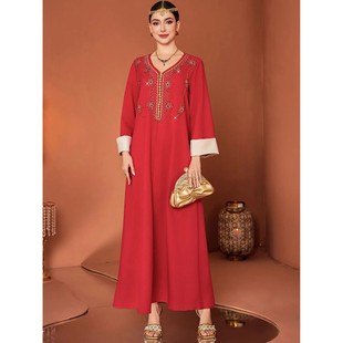 Dress Women Diamond V Neck A-line Long Dresses Vestidos Lar