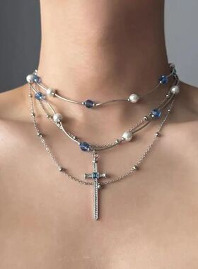 Romanic Muli Layer Cross Pendan Necklaces for Women Men Blue