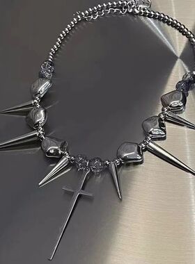Rero Y2K Long Spike Rive Necklace Sainless Seel Cross Hip Ho