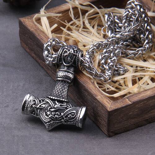 Stainless Steel Thor's Hammer Necklace Viking Dragon Necklac