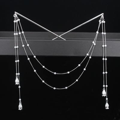 Double Chain Hair Fork Pearl Tassel Hair Nunchaku Hairpin C