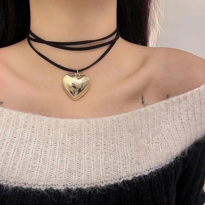 Punk Goth Black Velvet Big Heart Pendant Choker Necklace for