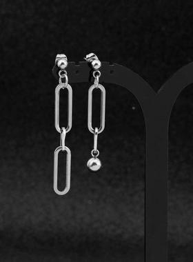 Stainless steel asymmetric chain round bead earrings