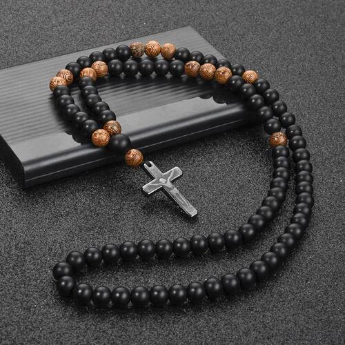 8MM Black Beads Chain Lucky  Cross Necklace with Wood Beads