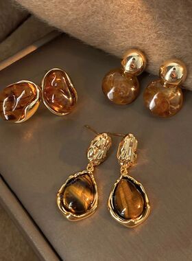 New Brown Resin Tiger Eye Sone Dangle Earrings for Women Fas