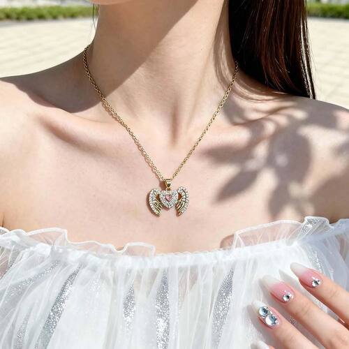 Angel Wing Heart Pendant Necklace for Women Gold CZ Zirconia