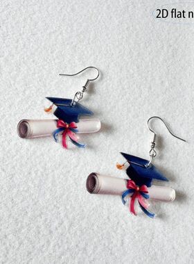 Graduation Hat and Scroll Hanging Earrings 2D Flat Acrylic G