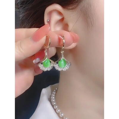 Small fresh opal leaf earrings women's high-end ginkgo leaf