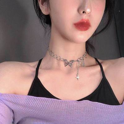 Fashion Choker Necklace for Women Silver Color Butterfly Sho