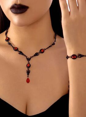 Gothic Red Zircon Tassel Necklaces Bracelets Set for Women V