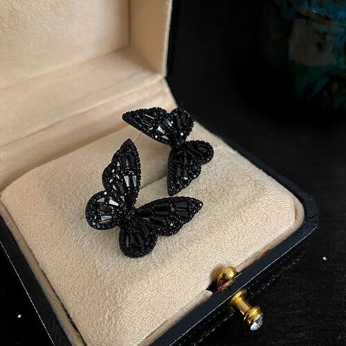 New Shiny Crystal Zircon Black Butterfly Earrings Studs for
