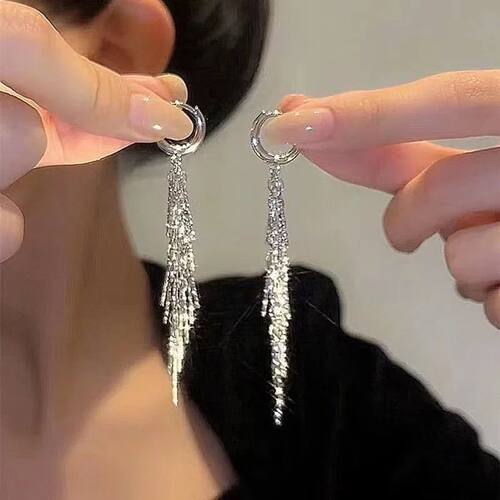 Shiny Silver Color Long Tassel Glitter Drop Earrings for Wom
