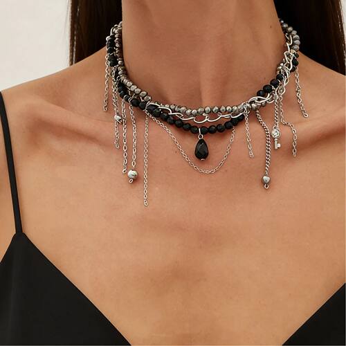 Retro Water Drop Key Heart Shaped Round Bead Tassel Pendant