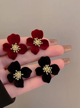 Vinage Wine Red And black Velve Flower Sud Earrings For Wome
