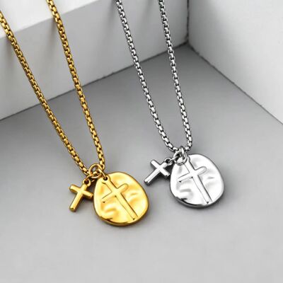 Round Cross Medal Pendant Necklace for Men Women, Stainless