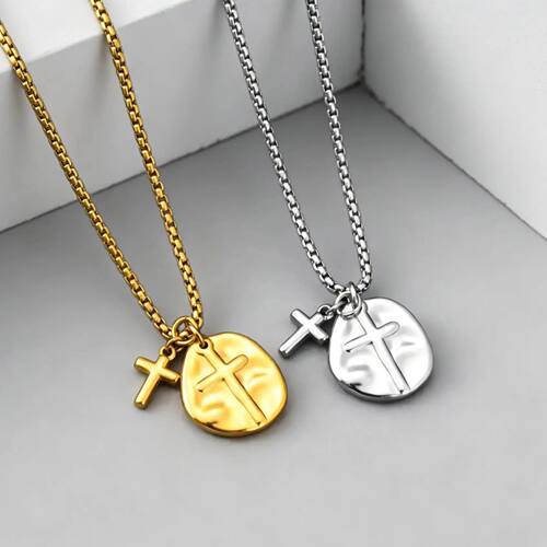 Round Cross Medal Pendant Necklace for Men Women, Stainless