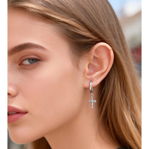 ndy Cross Pendant Hoop Earrings For Women Men Stainless Stee
