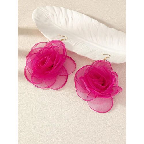 Fabric Organza Rose Flower Drop Earrings For Women Fashion J