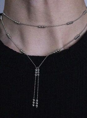 Punk Bead Long Tassel Double Layered Necklace for Men Women